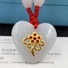 足金A货翡翠玉玫瑰花吊坠五色花黄金项链天然玉器镶红钻爱心挂件