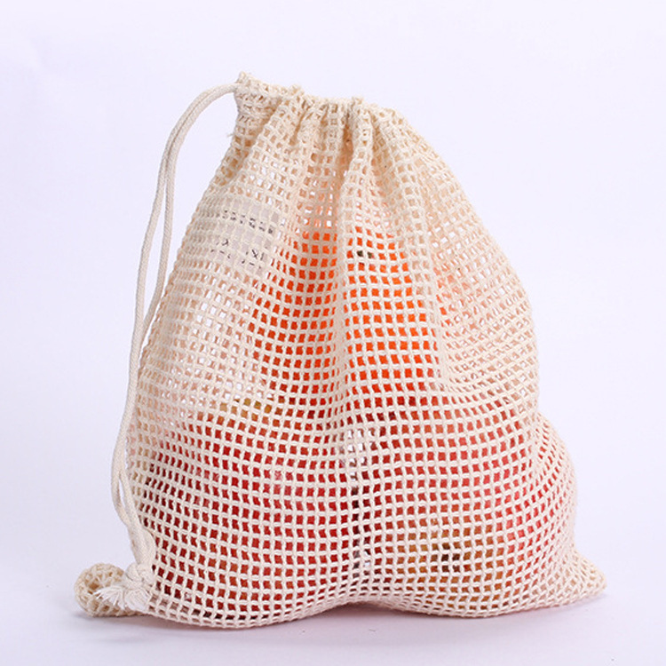 厂家现货全棉网袋正面加棉布标签超市购物水果蔬菜网袋网格束口袋