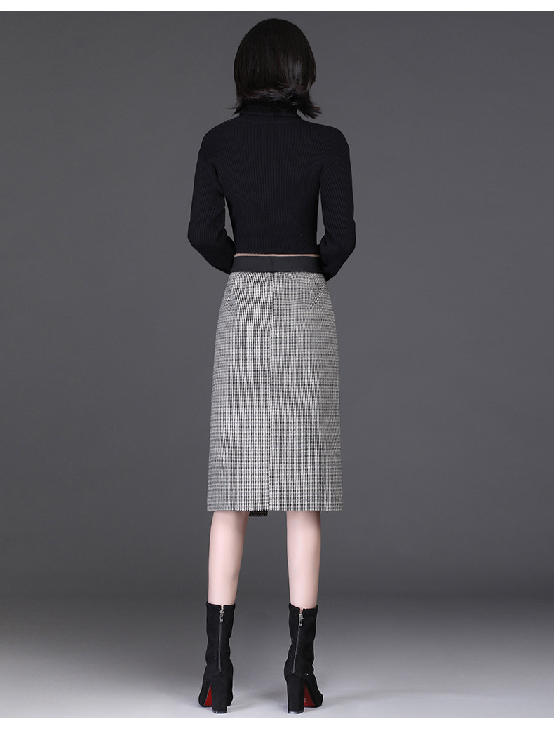 Houndstooth mid-length irregular high waist skirt NSYZ19840