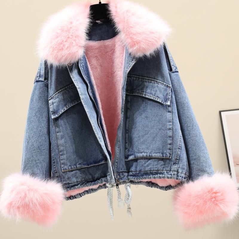 Abbigliamento da donna Spot abbigliamento invernale nuovo stile giacca di jeans con collo di pelliccia giacca di jeans larga in velluto per le donne_voghion.com