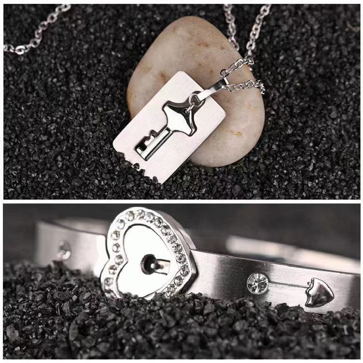 Fashion Key Lock Titanium Steel Inlay Zircon Bracelets Necklace 1 Set