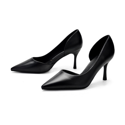 【1818-C61】2021春夏新款側空高跟鞋女細跟黑色職業性感尖頭單鞋