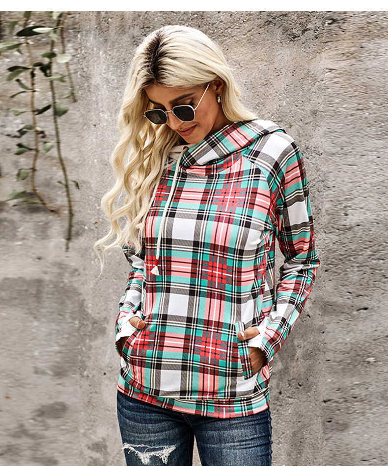 Otoño e invierno nuevo estilo de doble capa con capucha diagonal cremallera suéter colorido plaid top mujer suéter NSSI2388