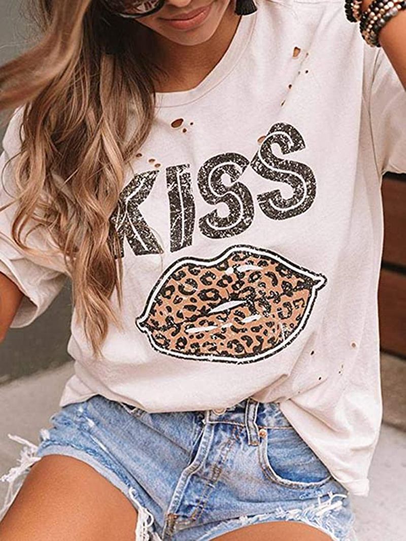 letters and Leopard Lip Print Round Neck Short Sleeve T-Shirt NSMVS121294