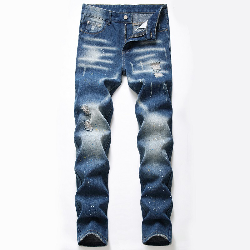 Cross-border supply cross-border European and American foreign trade splash ink jeans blue ripped jeans Amazon trendy men's pants Cross-border supply cross-border European and American foreign trade splash ink jeans blue ripped jeans Amazon trendy men's pants