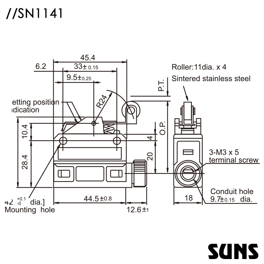 SUNS美国三实行程开关SN1141小型限位开关高灵敏限位开关尺寸图