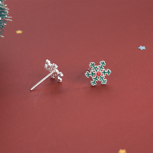 S925 silver diamond dripping oil cute Santa Claus earrings asymmetrical snowflake snowman earrings Christmas gift
