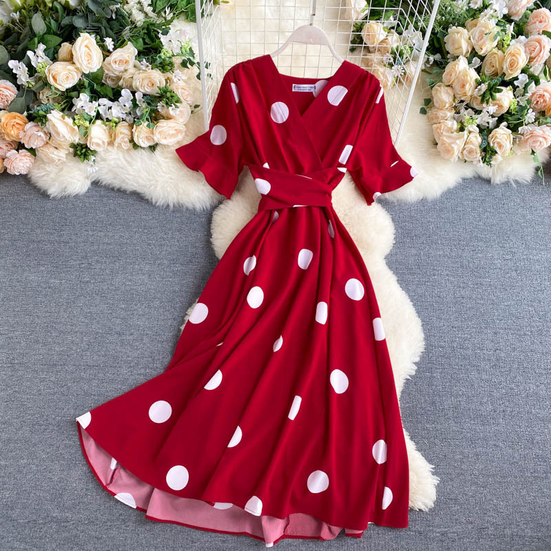 French Style Big Wave Dot Western Style Horn Short-sleeved Elegant V-neck Strap Waist Slimming Mid-length Dress Women's Summer Dress