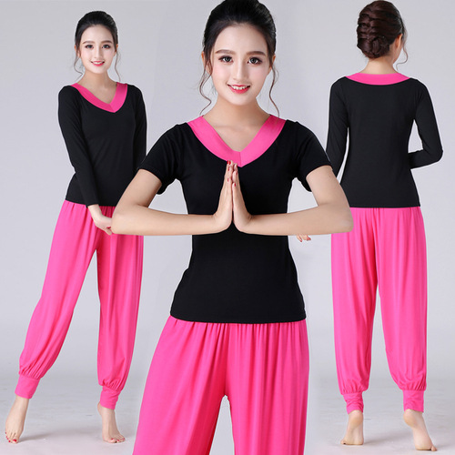 Middle-aged and elderly square dance clothing new yoga suit long and short sleeves large size dance practice fitness women's dance clothing