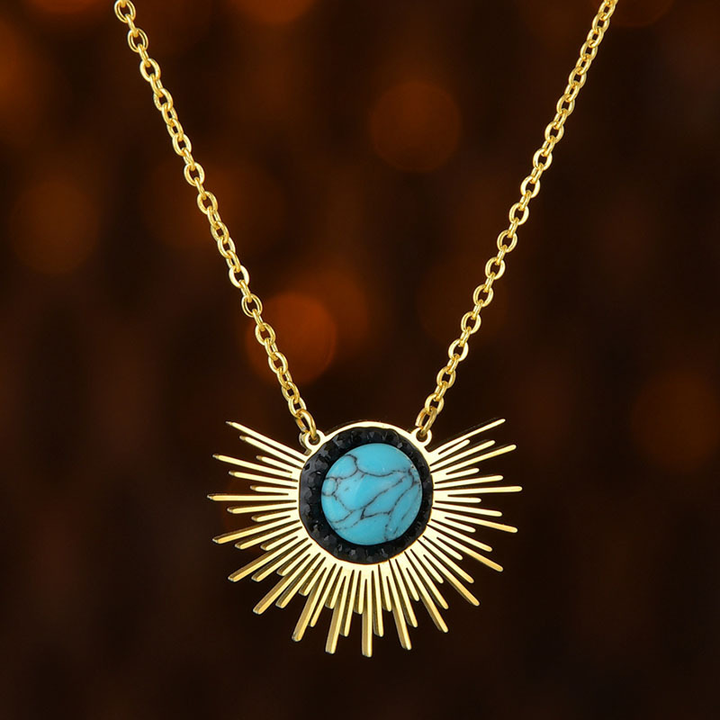 New Stainless Steel 18k Golden Sun Flower Turquoise Necklace display picture 6