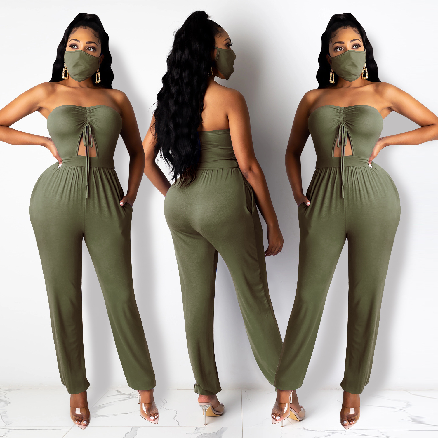 Sexy Sleeveless Tube Top Tight Drawstring Jumpsuit (Including Mask) NSXYZ100490