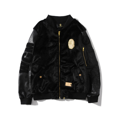 2019秋冬新款毛绒男士PU皮袖棒球衫夹克外套|ms