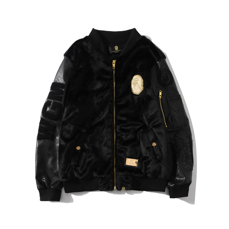 2019秋冬新款毛绒男士PU皮袖棒球衫夹克外套|ms