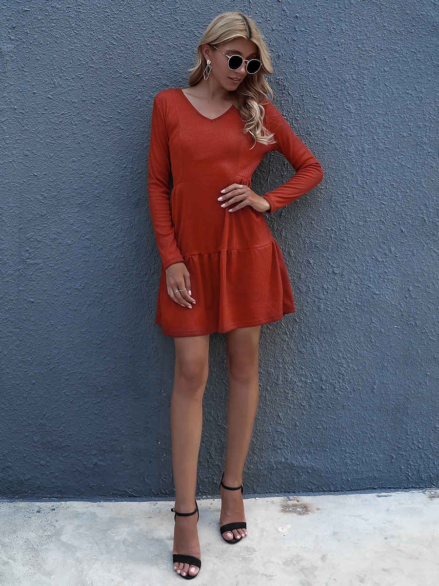 solid color loose V-neck long sleeve dress NSAL1922