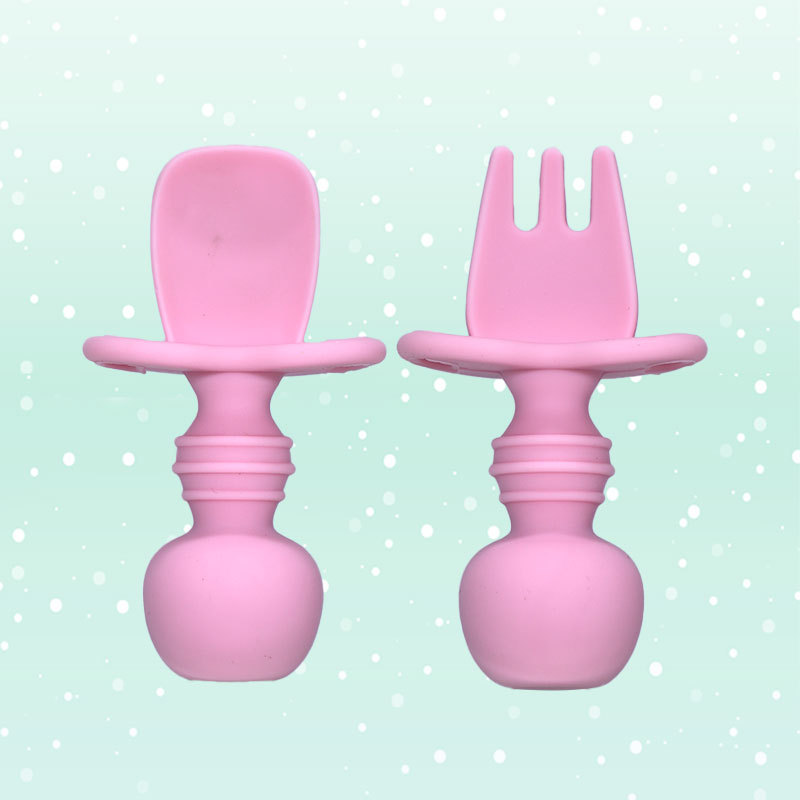 新款食品级婴幼儿童硅胶叉勺组合训练宝宝学吃饭叉勺舔勺现货批发|ms