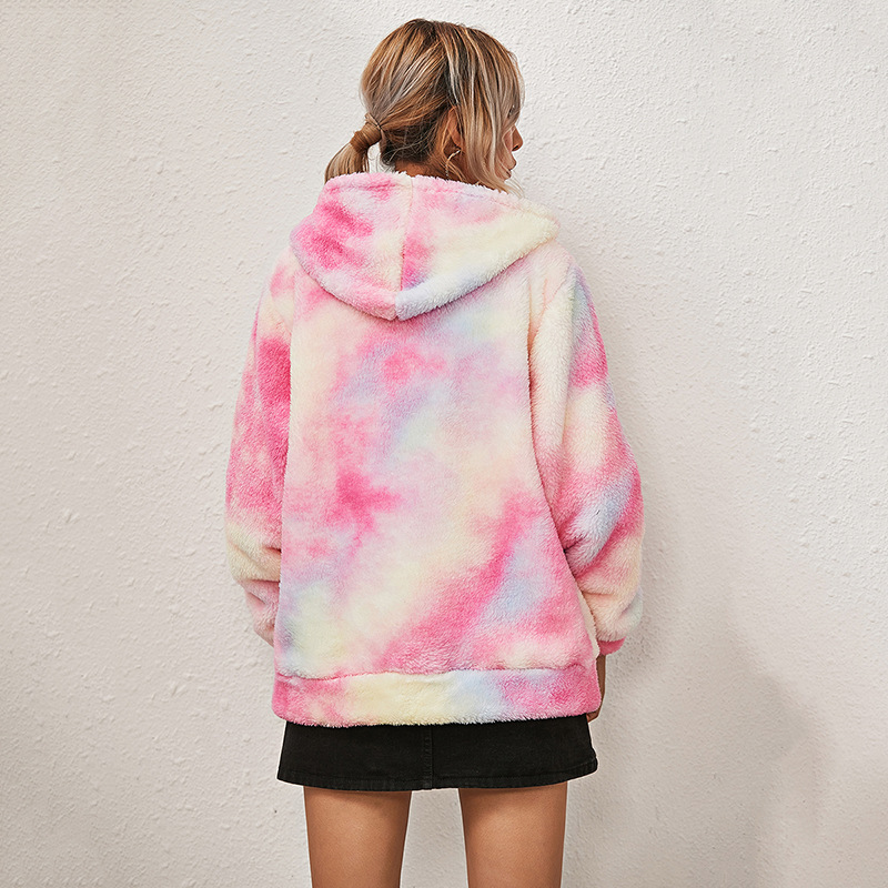 tie-dye printing long-sleeved hooded zipper velvet jacket   NSKX12294