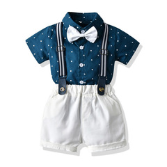 Boy's Short Sleeve Star Print Shirt and Belted Shorts Two-Piece Set Children's Performance Costume Set Kids' Clothing