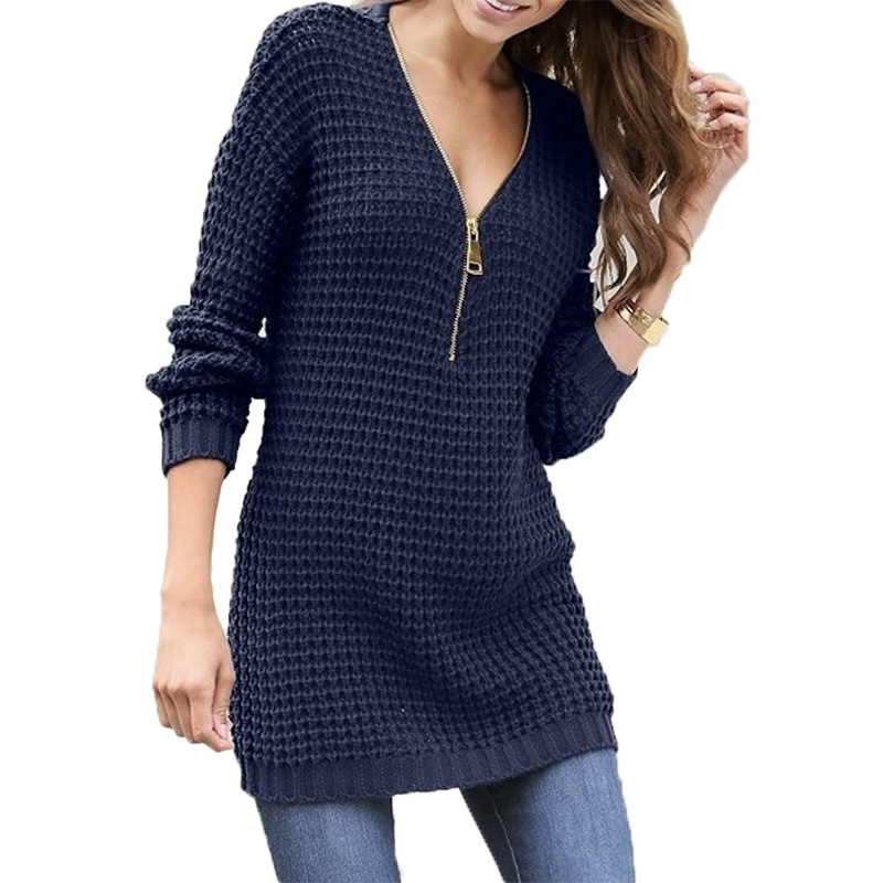 Nuevo suéter de moda para mujer 2026, estilo europeo y americano, suéter vestido con cremallera y cuello en V de longitud media, superventas en AliExpress