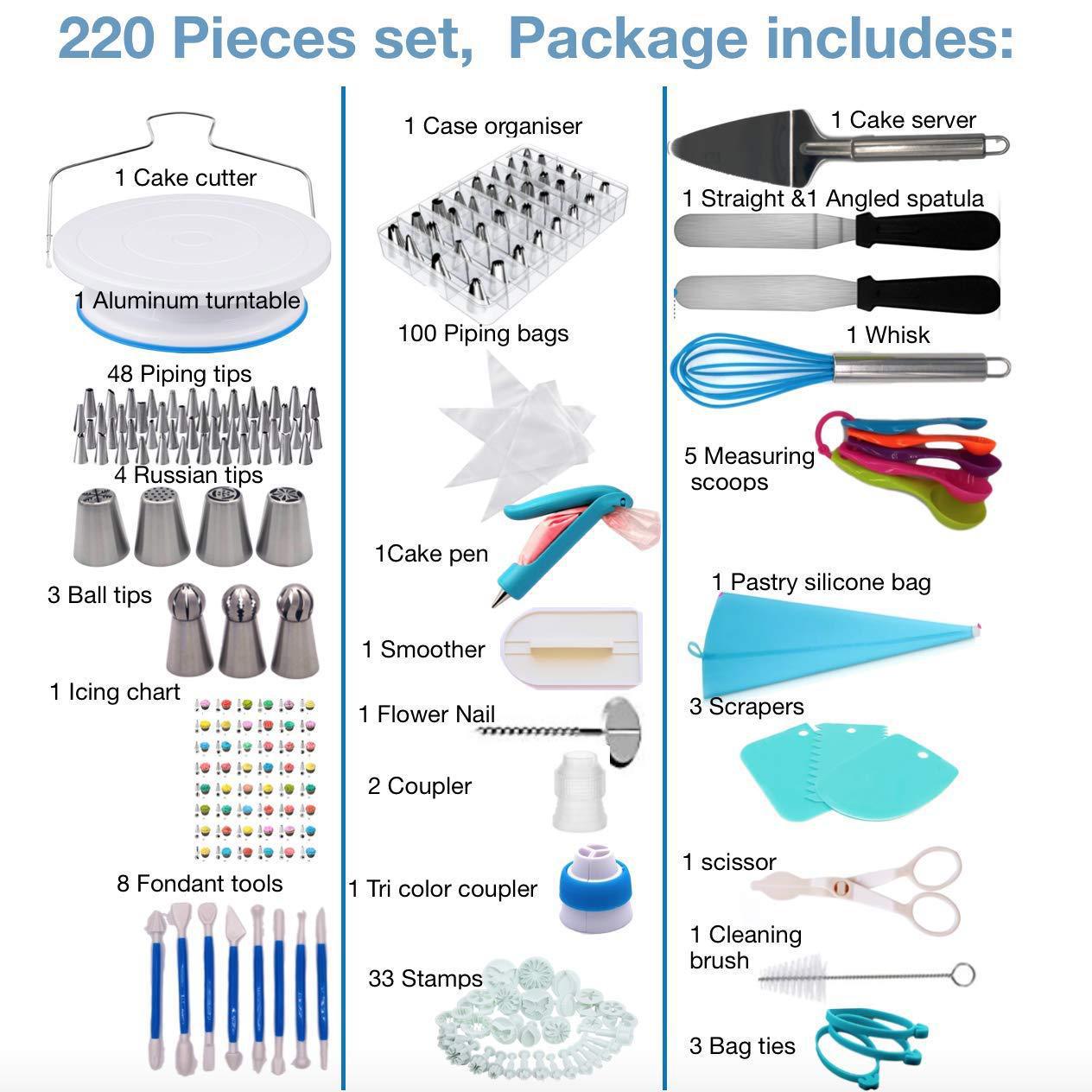 Factory wholesale 220 piece set cake turntable set decorating table piping mouth silicone bag baking DIY combination