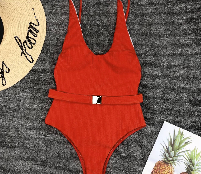 2019 Foreign Trade Popular Women's One-piece Swimsuit European And American Solid Color Special Cloth Belt Buckle One-piece Bikini
