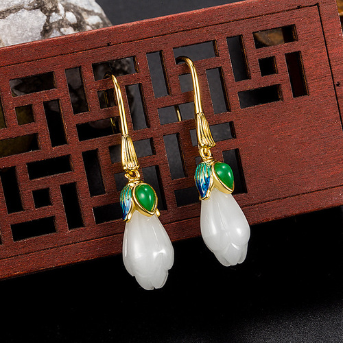 Retro ethnic style earrings, feminine tulip earrings, white jade earrings, magnolia earrings, simple earrings