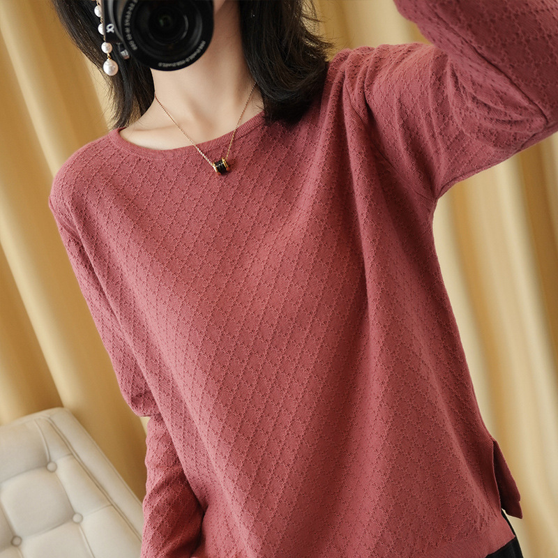 Early Autumn New Cotton Knitted Sweater Women's Thin Sweater Hollow-out Vent Outer Wear Round Neck Loose Base Long Sleeve Free Shipping
