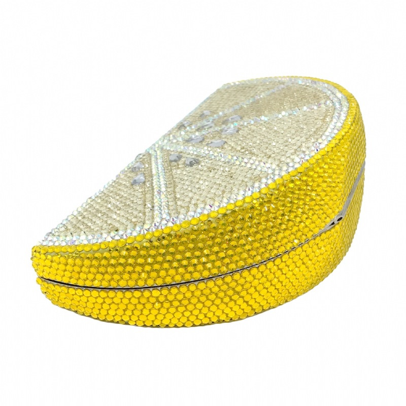 Túi clutch nữ đính đá hình quả chanh, hộp cứng kim cương đáy phẳng, kèm dây xích 48 cm — Màu vàng chi tiết 8
