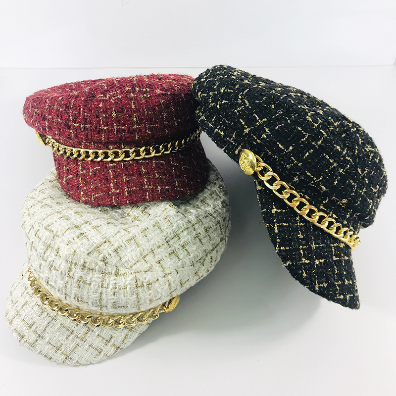 Women's Fashion Plaid Chain Curved Eaves Beret Hat display picture 2