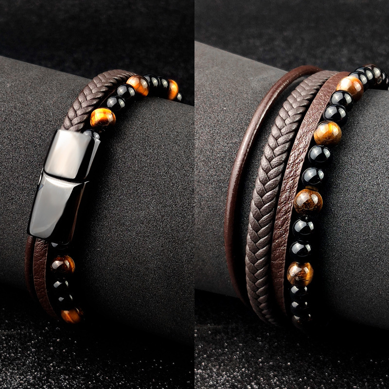 Cross Border Bracelet Men's Beads Leather Bracelet Tiger Eye Woven Leather Beads Bracelet 316L Stainless Steel Magnetic Buckle Stall Cross Border Bracelet Men's Beads Leather Bracelet Tiger Eye Woven Leather Beads Bracelet 316L Stainless Steel Magnetic Buckle Stall