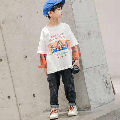 古噜咪奇 2020秋装新款男童卫衣长袖T恤儿童洋气拼接假两件上衣潮|ms