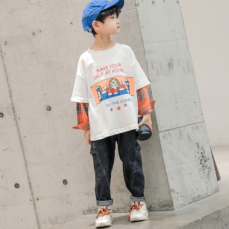 古噜咪奇 2020秋装新款男童卫衣长袖T恤儿童洋气拼接假两件上衣潮|ms