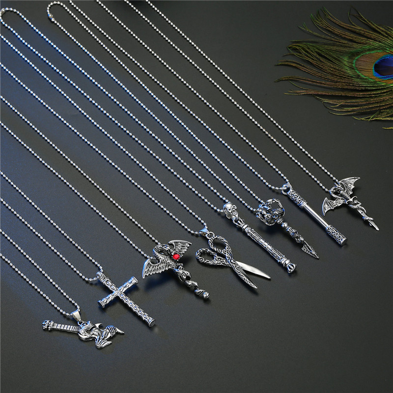 Punk Retro Cross Scissors Dragon Animal Pendant Necklace display picture 1
