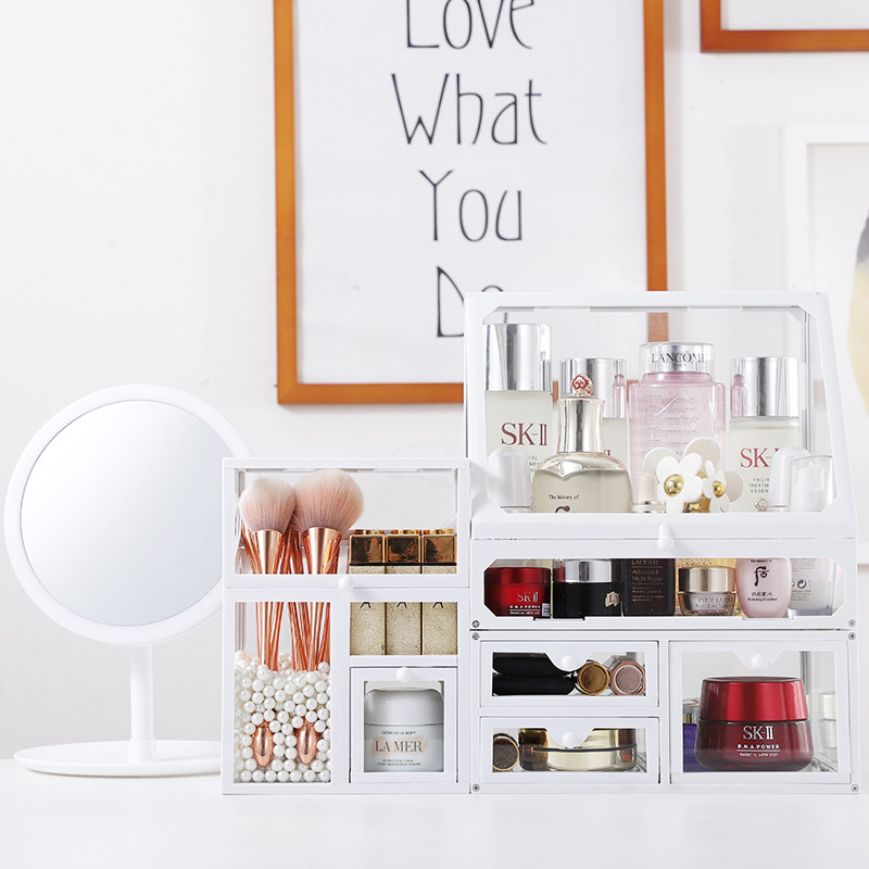 玻璃化妆品收纳盒抽屉式桌面梳妆台护肤品刷子防尘整理收纳盒|ms