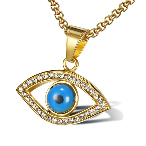 European and American Cross-Border Hip-Hop Jewelry Hip-Hop Earrings and Necklace with Titanium Steel, Gold Plating, and Diamond-Embedded Turkish Blue Eyes