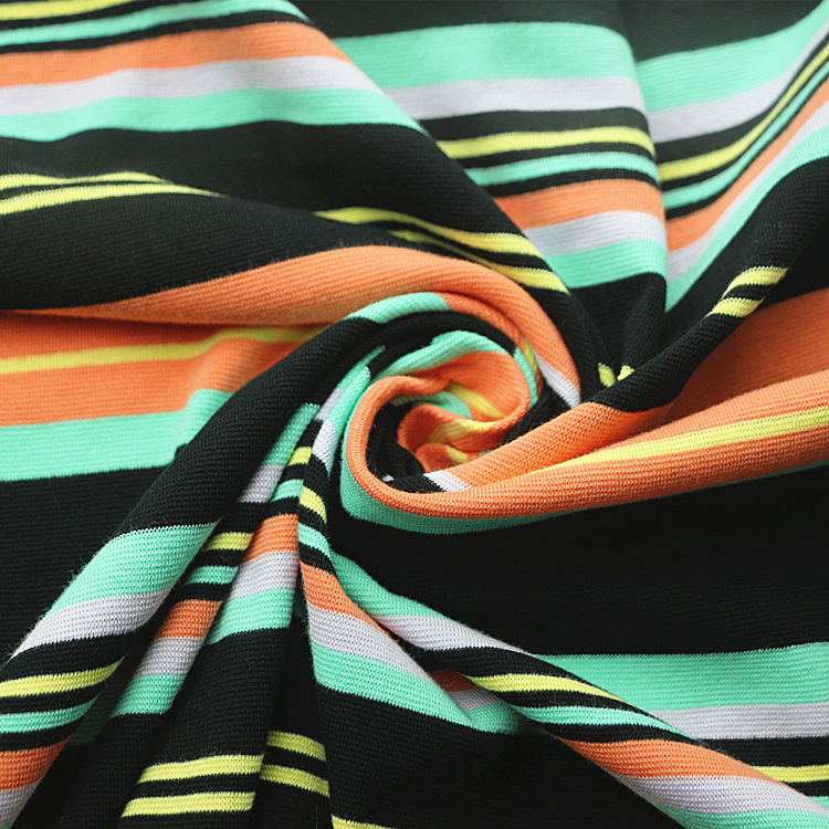 时尚女装T恤面料针织纬编棉氨纶弹力大循环色织彩条1x1螺纹罗纹布