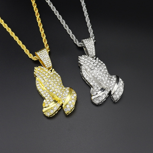 Euro-American minimalist influencer-style vintage hip-hop diamond-studded alloy necklace for trendy men, featuring a hiphop-inspired Buddha hand pendant.