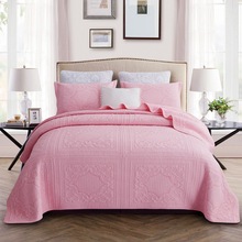 米莱娅 美式简约方块绣花床上用品 水洗全棉绗缝纯色床盖三件套