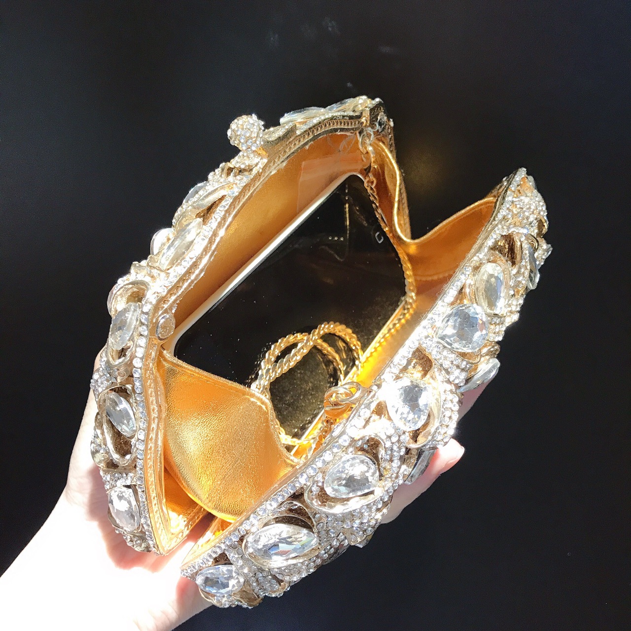 Túi clutch dạ hội đính kim cương pha lê kiểu Âu Mỹ — Nền vàng kim cương trắng, Đế Vàng Kim Cương, Nền bạc kim cương trắng, Đáy Bạc AB ảo thuật kim cương chi tiết 10