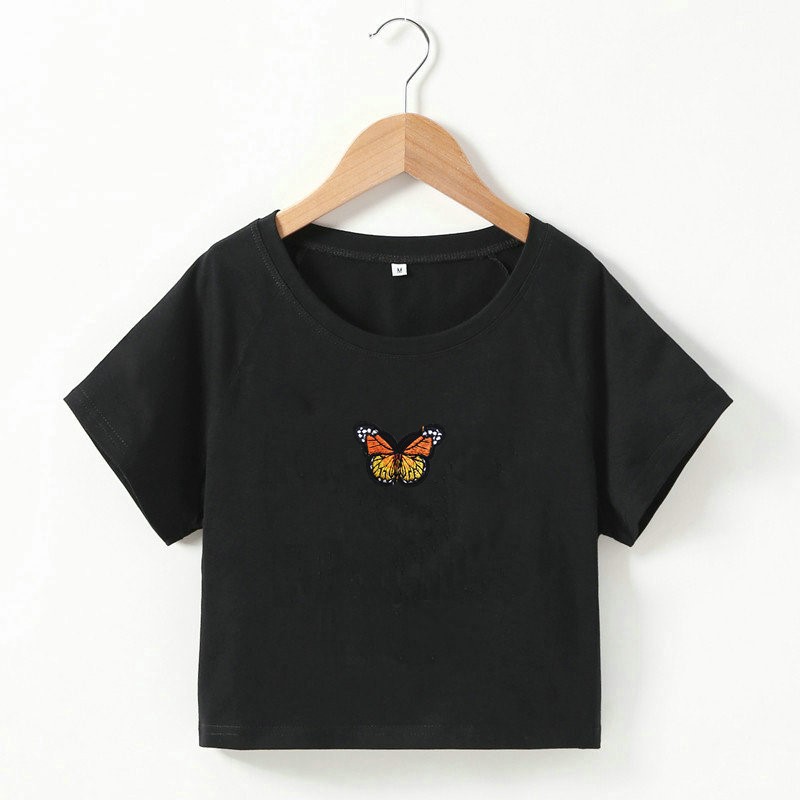 Butterfly Embroidered Short-Sleeved Cropped Top NSOSY111513
