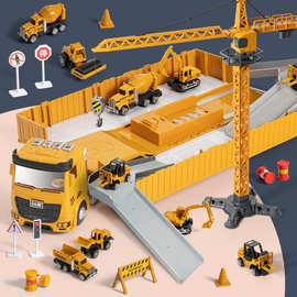 中英版合金工程车大货柜车套装场景收纳挖掘机停车场跨境电商玩具