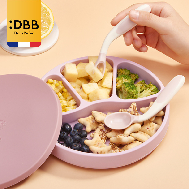 Douxbebe宝宝硅胶餐盘吸盘式辅食碗带盖婴儿分格防摔餐具儿童餐盘