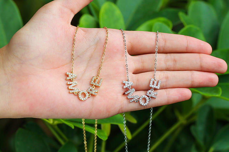 Copper Material Geometric Pattern Fashion Zircon English Letters Pendant Clavicle Chain Necklace