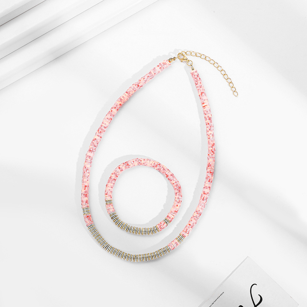 Fashion Pink Soft Ceramic 6mm Clavicle Chain Women's Short Necklace Bracelet Set display picture 1