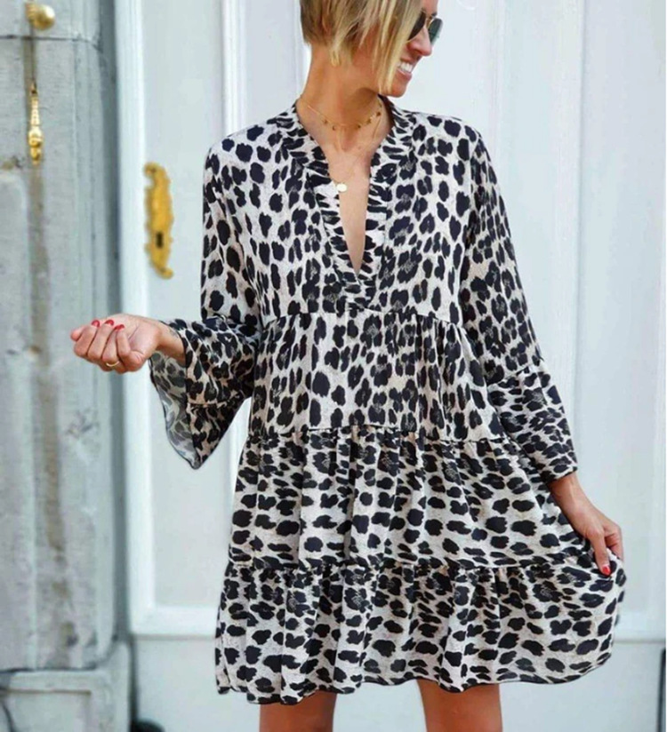 Rochie lungă boho cu imprimeu leopard pentru femei primăvară_voghion.com