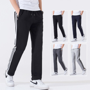 Three-piece sports pants men's loose straight striped knitted pants student casual sweatpants slim fit solid color all-match running