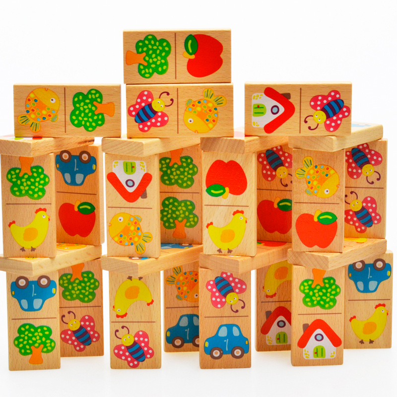 木质28块花园配对接龙木制多米诺骨牌拼图积木儿童益智玩具0.4