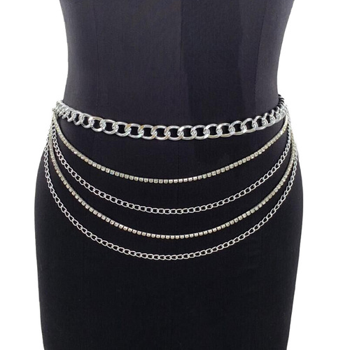 Women girls jazz dance singers bar Nightclub personality multi-layer metal chain flashing diamond rhinestone dress decoration waist chain