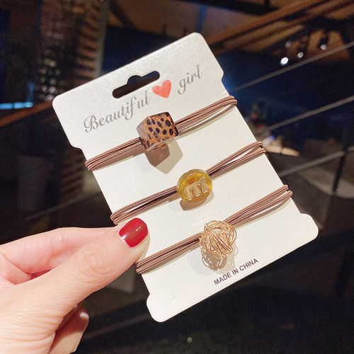 Internet celebrity 3-piece set of hair ties, Korean style m-bean hollow pearl small rubber band leopard print square headband women's hair rope wholesale
