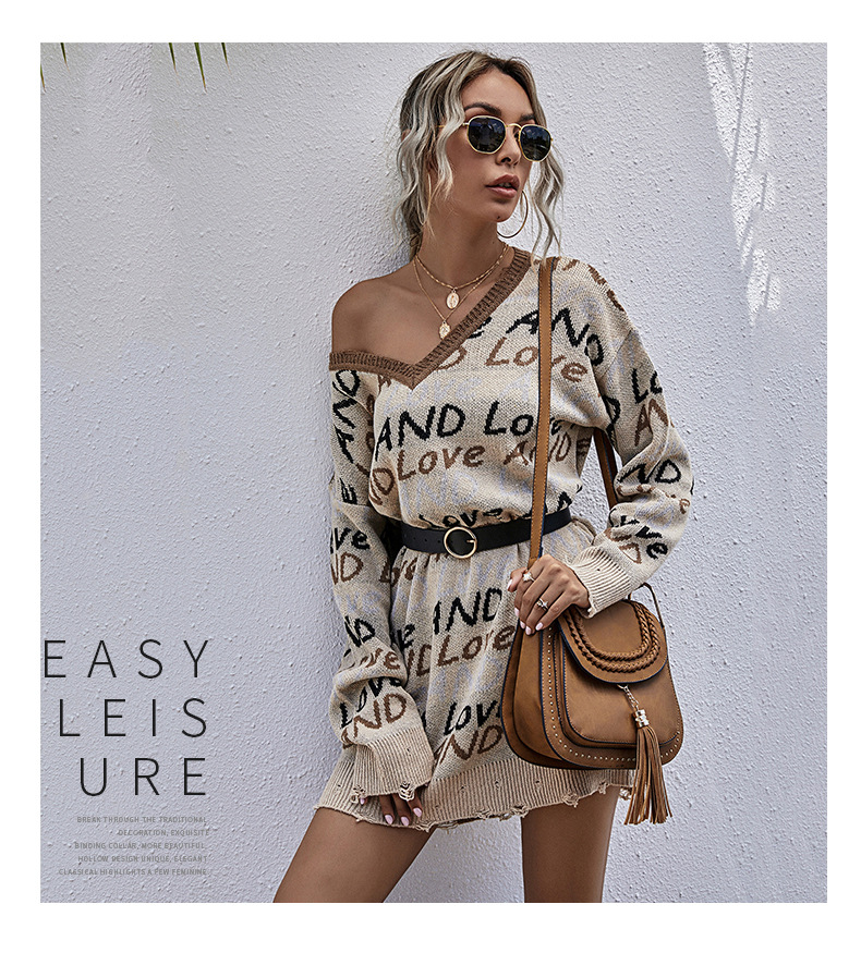 V-Neck Long-Sleeved Letter Jacquard Loose Ripped Mid-Length Knitted Dress NSDMB73445