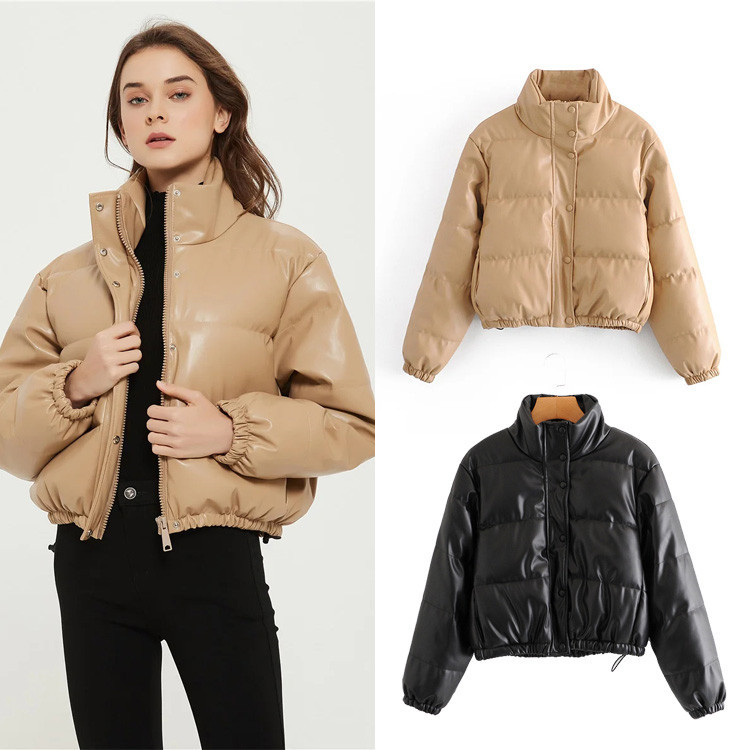 Damenbekleidung lässig einfarbig einfache Leder Baumwollkleidung für Damen Winter neue kleine Stehkragen Pu-Jacke_voghion.com